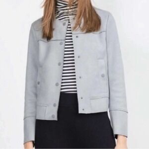 Zara Basic Jacket Faux Suede Collarless Button Up Light‎ Blue Size L